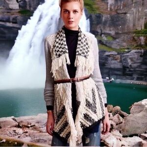 Anthropologie Cream & Black Fringed Open-Front Cardigan